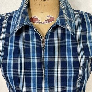 No Excuses blue denim plaid cropped vest w zipper front